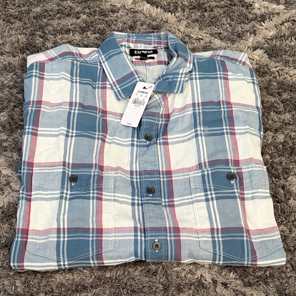 Express Men's Blue and White Plaid Button Down Shirt
